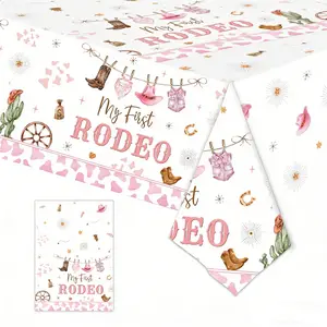 1pc Western Cowgirl Tablecloth 137*274cm/54*108inch, My First Rodeo Pattern Birthday Party PE Table Cover, Western Cowboy Party Decoration Tablecover, Pink Western Print Tablecloths For Disco Cowgirl Themed Party Drations Shower