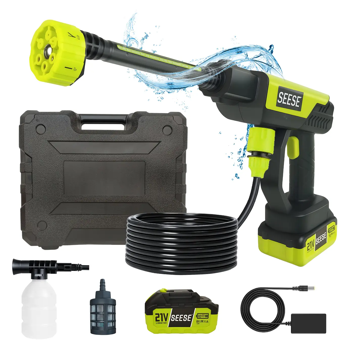 SEESE Cordless Pressure Washer and Single Port Charger Base, Bottle Portable Washer for Car,Home Cleaning & Garden Watering  Holiday gifts, Ergonomic Handle Design with 30min Runtime & 6-in-1 Nozzle