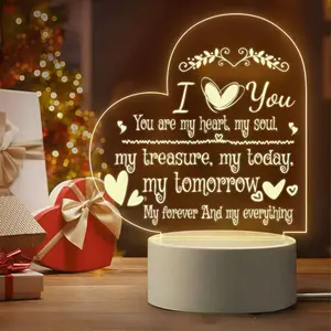 Heart Shaped Acrylic Night Light with Engraved Love Message, USB Powered Warm White LED Night Lamp for Bedroom Decor, Valentine's Day Gift for Lover/Spouse holiday countdown independence valentine romantic indoor xmas ambient festive outdoor waterproof
