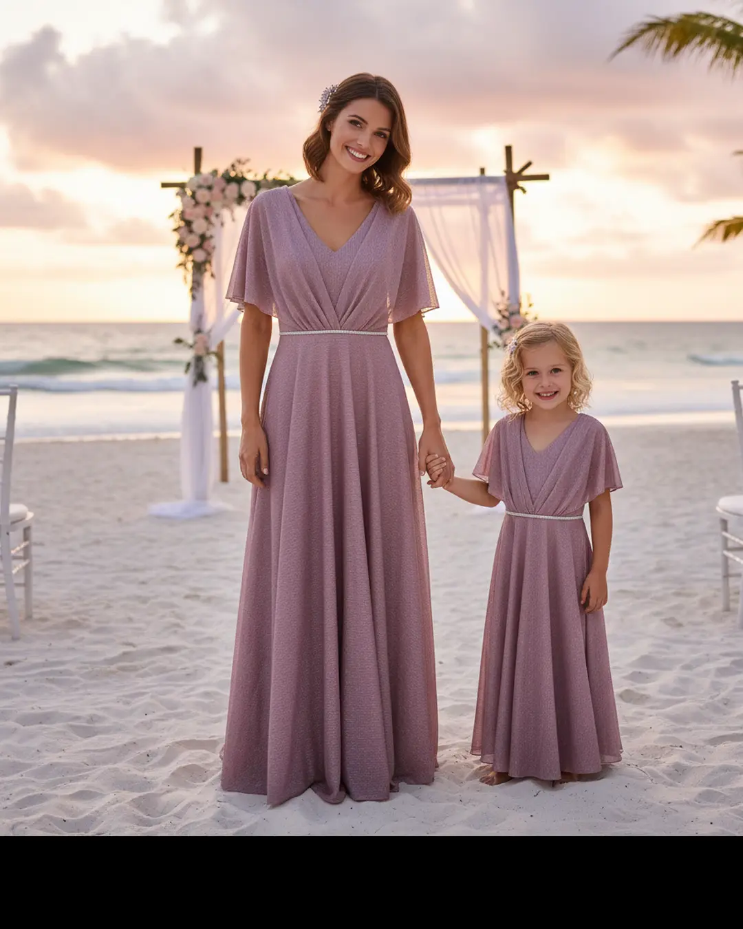Mauve Shimmer Floor-Length Maxi Dress for Women & Girls– Wedding, Party, Holiday, Eid, Valentine, Engagement & Maternity Friendly Gown with Matching Mommy & Me Option