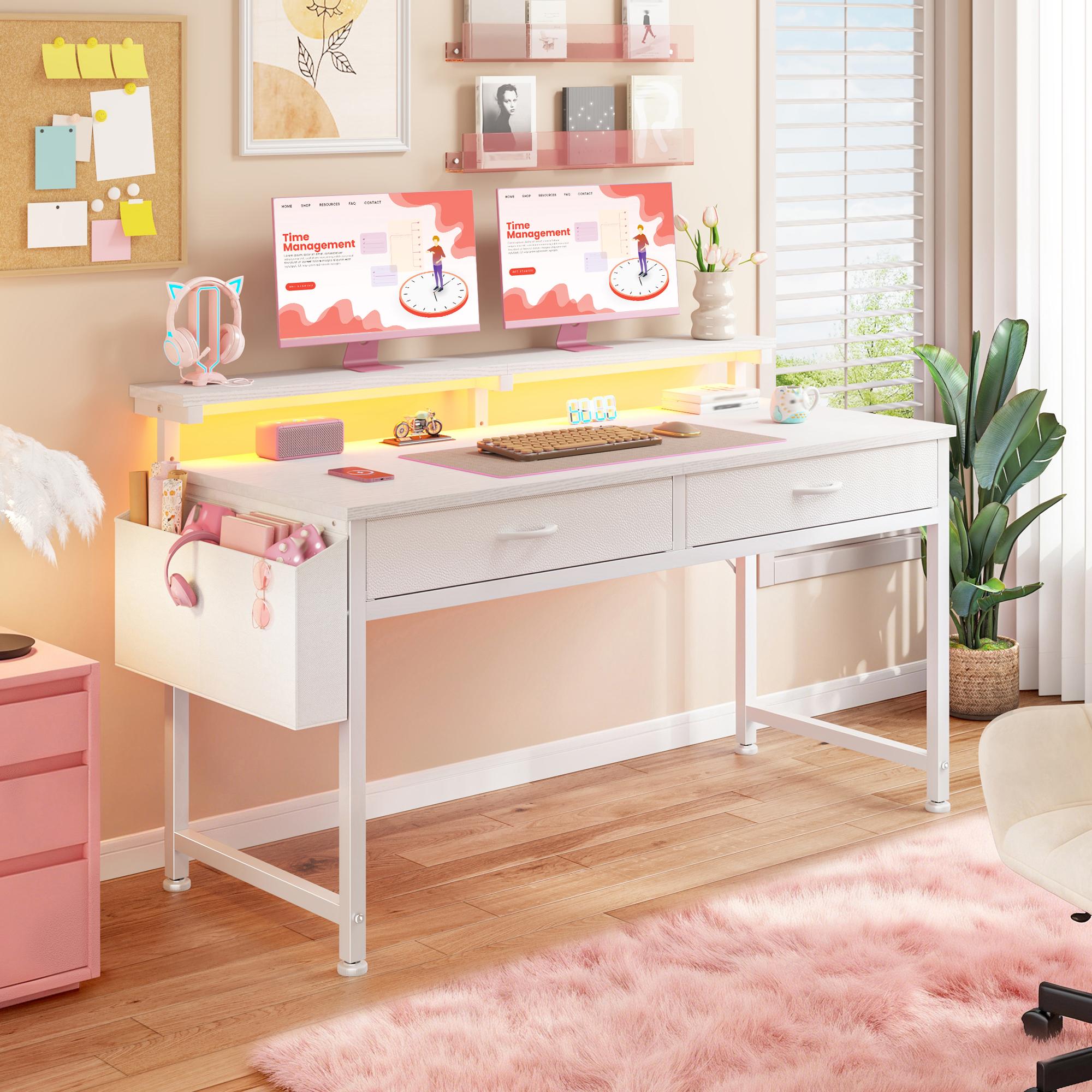 【Vanity & Computer Desk】31.5'' Gaming Desk with LED Lights in Dorm & Tiny home,Computer desk with 2 Storage Drawers,Home Office Desk with Side Pocket & Ergonomic Monitor Stand,Writing Table with Anti-Tip Design, Nice gift for Women and Teens