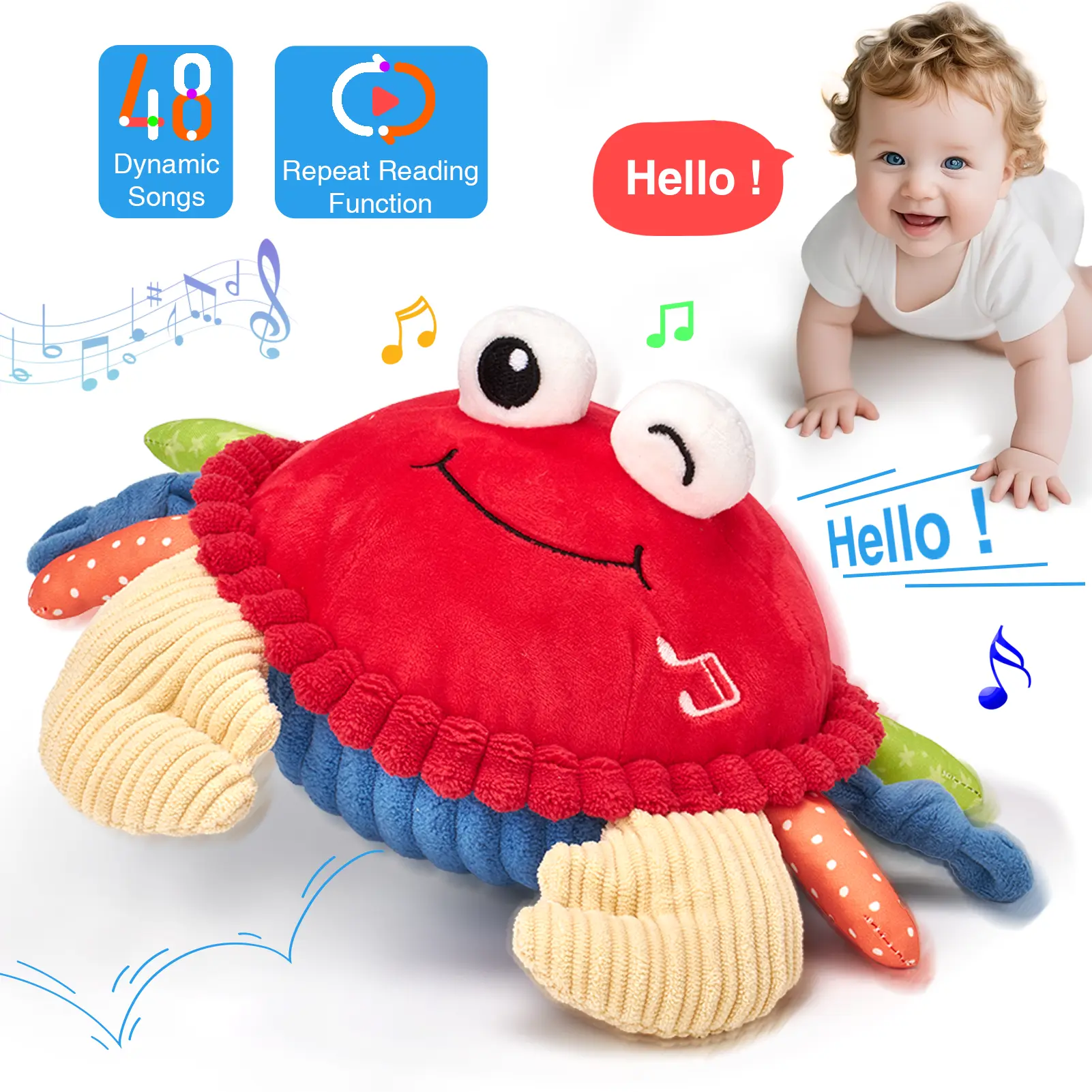 Hahaland Musical Crab Plush Toy - 48 Songs & Repeat What You Say - Crawling Musical Dancing Walking Bouncing Moving Bouncing Talking Learning Crab-Sensory Toddler Toys for Birthday Tummy Time Toy 0-3 Months/6-12 Months,Mothersdaygift/newborngift