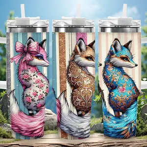 1pc 40oz Whimsical Floral Fox Tumbler with Lid, Insulated Travel Mug, Gift for Women Men, Ideal for Halloween, Independence Day, Memorial Birthday Gift, Coffee Cup, weird stuff