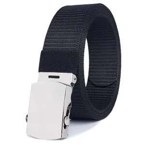 Men’s black nylon webbing automatic-locking belt with an adjustable silver automatic buckle head; a durable, lightweight casual belt suitable for outdoor activities, work, and everyday occasions—an excellent gift for Valentine’s Day and Father’s Day.