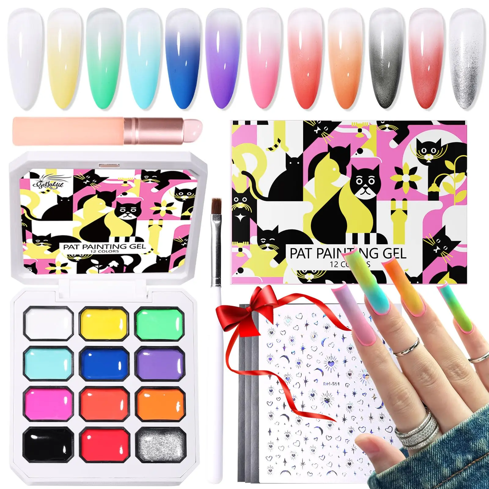 GELLAKTIK 12 Color Patting Nail Gel Polish Kit, DIY Ombre Nail Art Gel Set with Brush & Silicone Patting Pen & Nail Art Stickers - UV/LED Curing for Gradient Nails, Beginner Friendly DIY Manicure Set