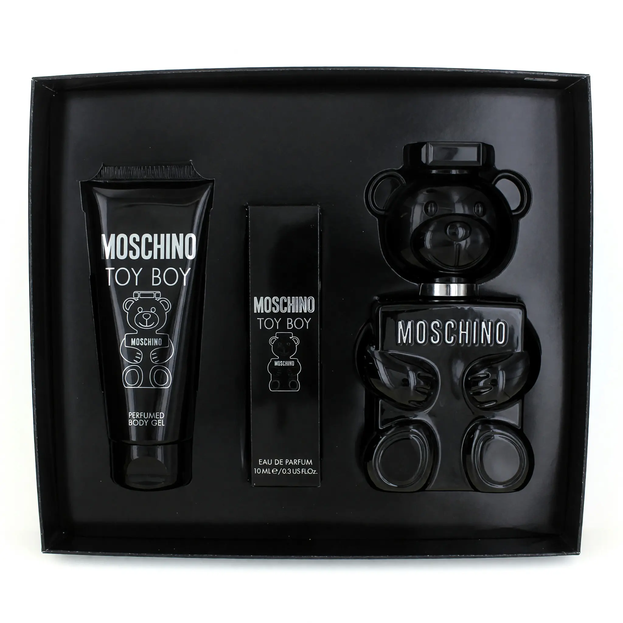 Moschino Toy Boy by Moschino, 3 Piece Gift Set for Men Scent Aroma Cleanser Cosmetic, Amber, Wood, Citrus, Spicy, Fragrance Sets, Body Gel