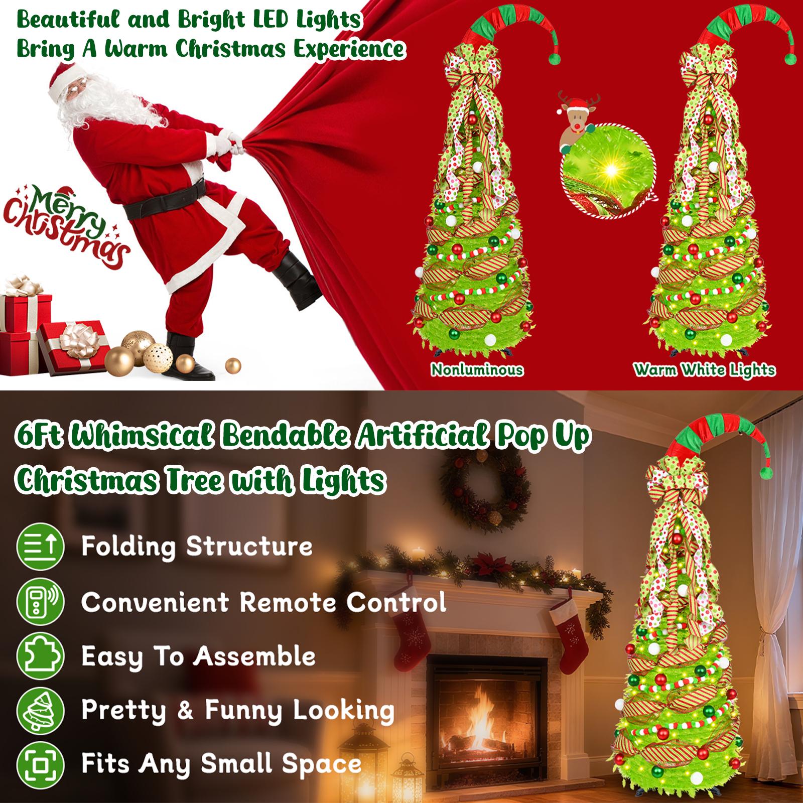 6FT Pop Up Christmas Tree with Lights Remote Control & Ornaments Collapsible Lime Green Xmas Tree with Santa Hat & Bow Tree Topper Whimsical Design for Indoor Outdoor Use Party Decoration Supplies