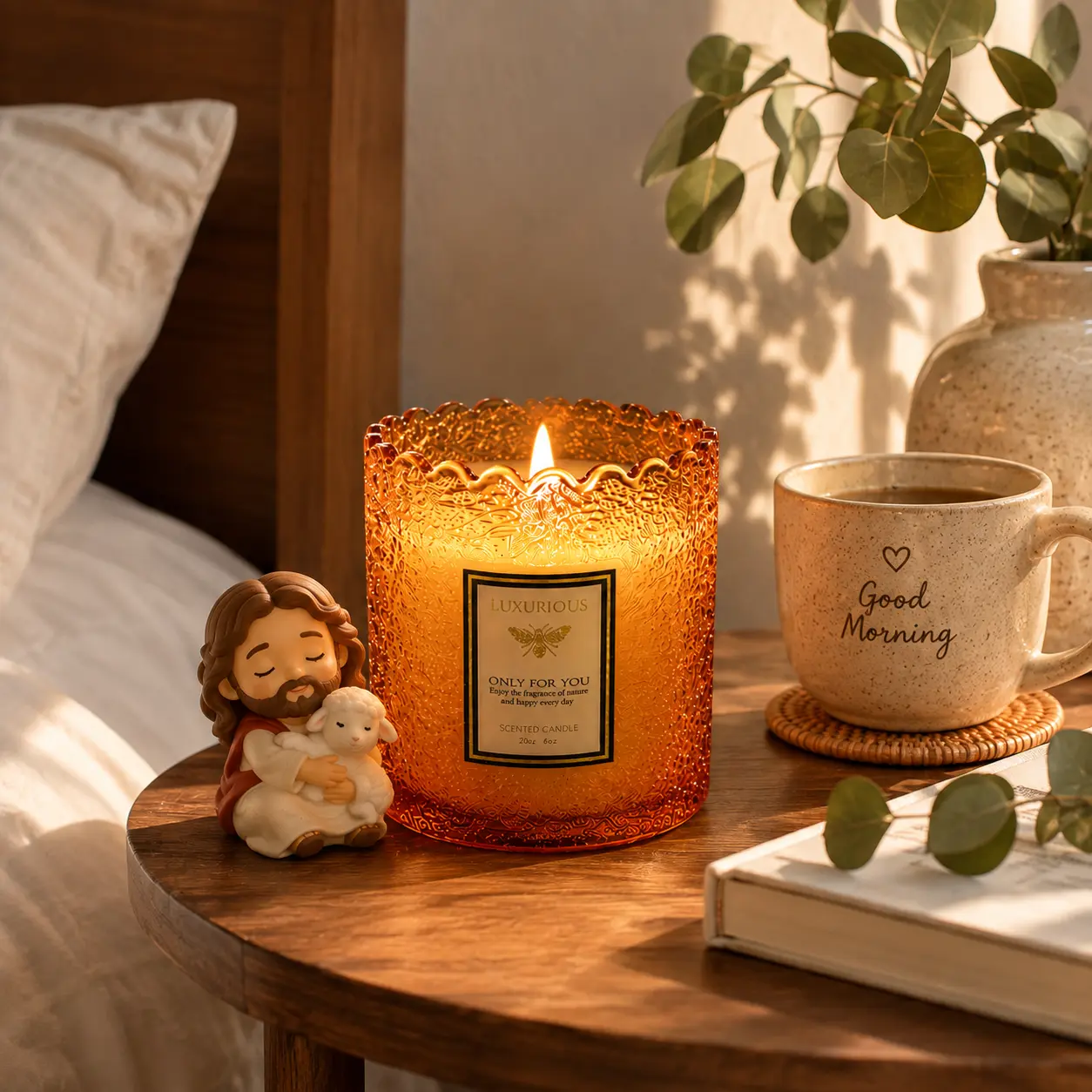 Smokeless Calming Sandalwood & Vanilla Aromatherapy Candle, 8.8oz Non-Toxic Organic Soy Wax, Vintage Embossed Glass Jar, Christian Home Decor for Prayer - Living Room Decor, 50-Hour Burn Time