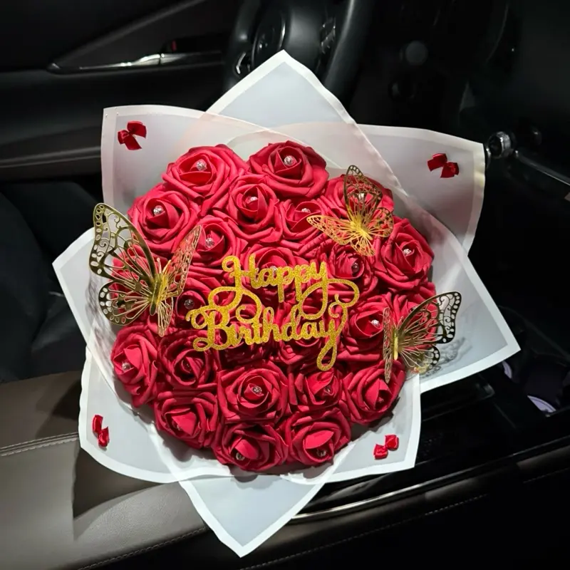 Eternal Ruby Red Radiance Happy Birthday Bouquet with butterflies Ramo -Perfect gift for Birthday, Graduation, Anniversary, or “Just Because”