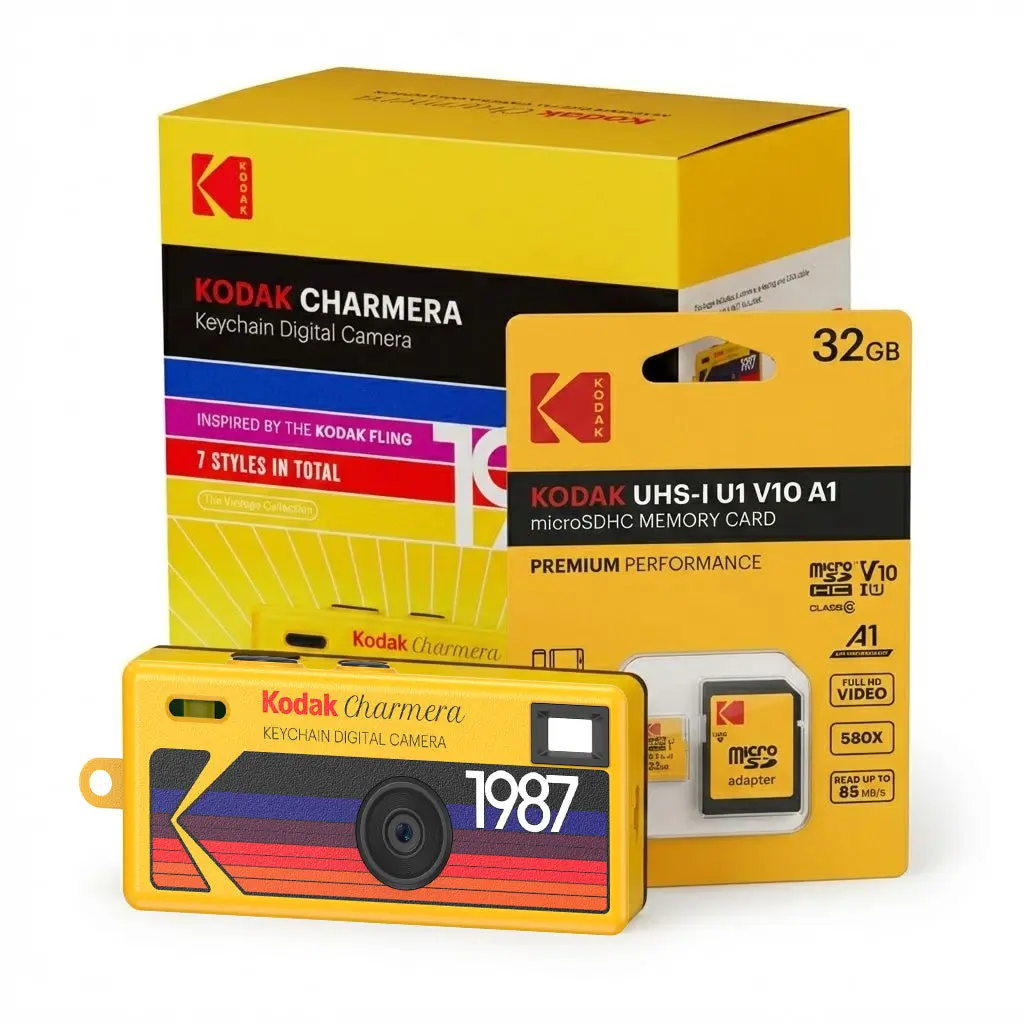Kodak Retro Compact Keychain Digital Camera (Blind Box Bundle) - Lens, 32GB SD Memory Card, Mobile Charging Compatibility, USB Adapter, 1.6Mp Sensor
