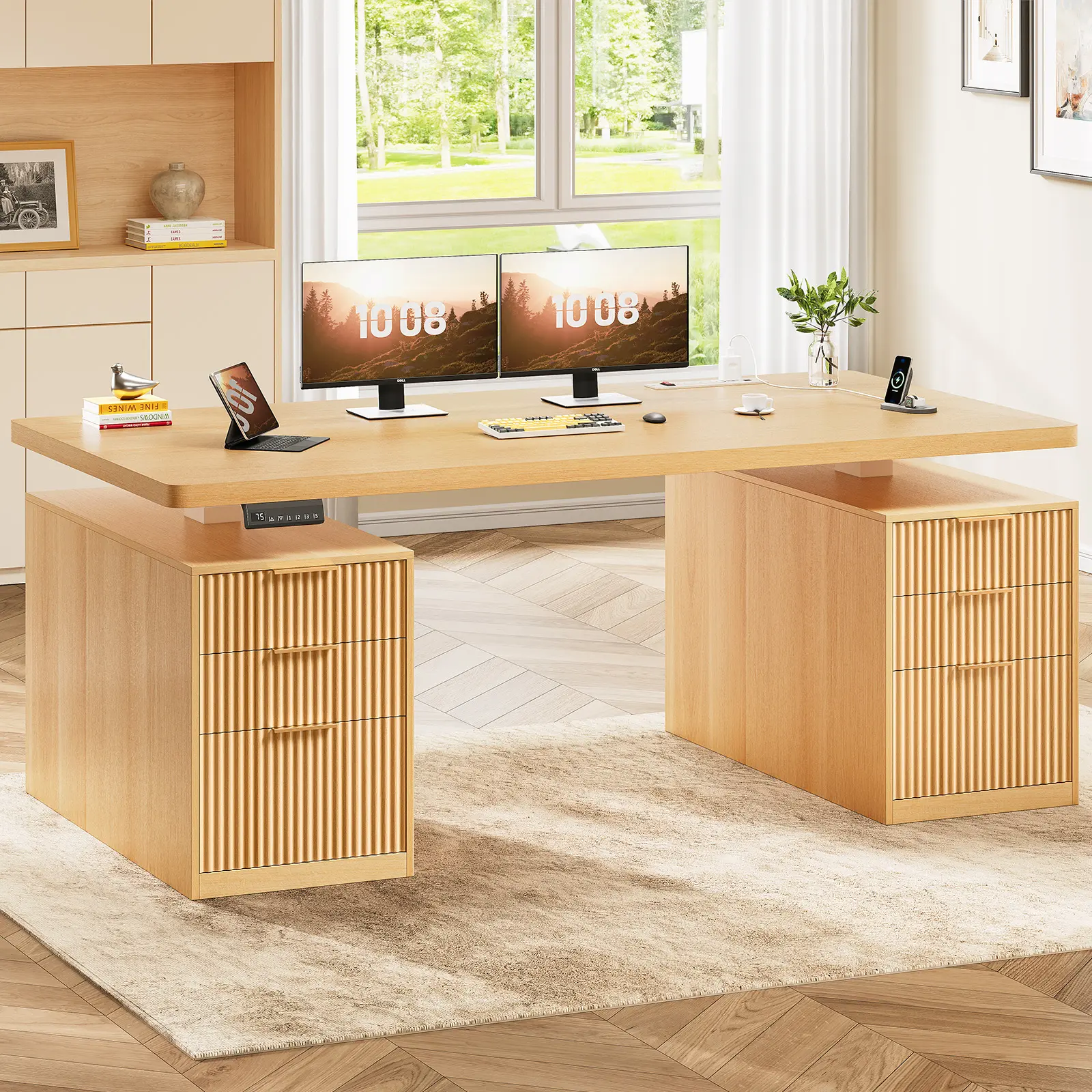 Sedeta 55-Inch Modern Wood Electric Height-Adjustable Standing Desk - Rectangular Top, Fluted Sides, 6 Drawers, Storage, Power Outlets, Easy Setup, Home Office Furniture, Ergonomic Rising Desk, Dual Monitor Setup, Durable Auto-Adjust Computer Workstation