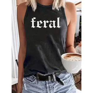 Women'S Casual Crew Neck Tank Top, Summer Sleeveless Vest with "Feral" Print, Knit Fabric, Polyester 60%, Rayon 35%, Spandex 5%, Lightweight 180g/m² - Fashionable Alphabet Pattern Womenswear Crewneck