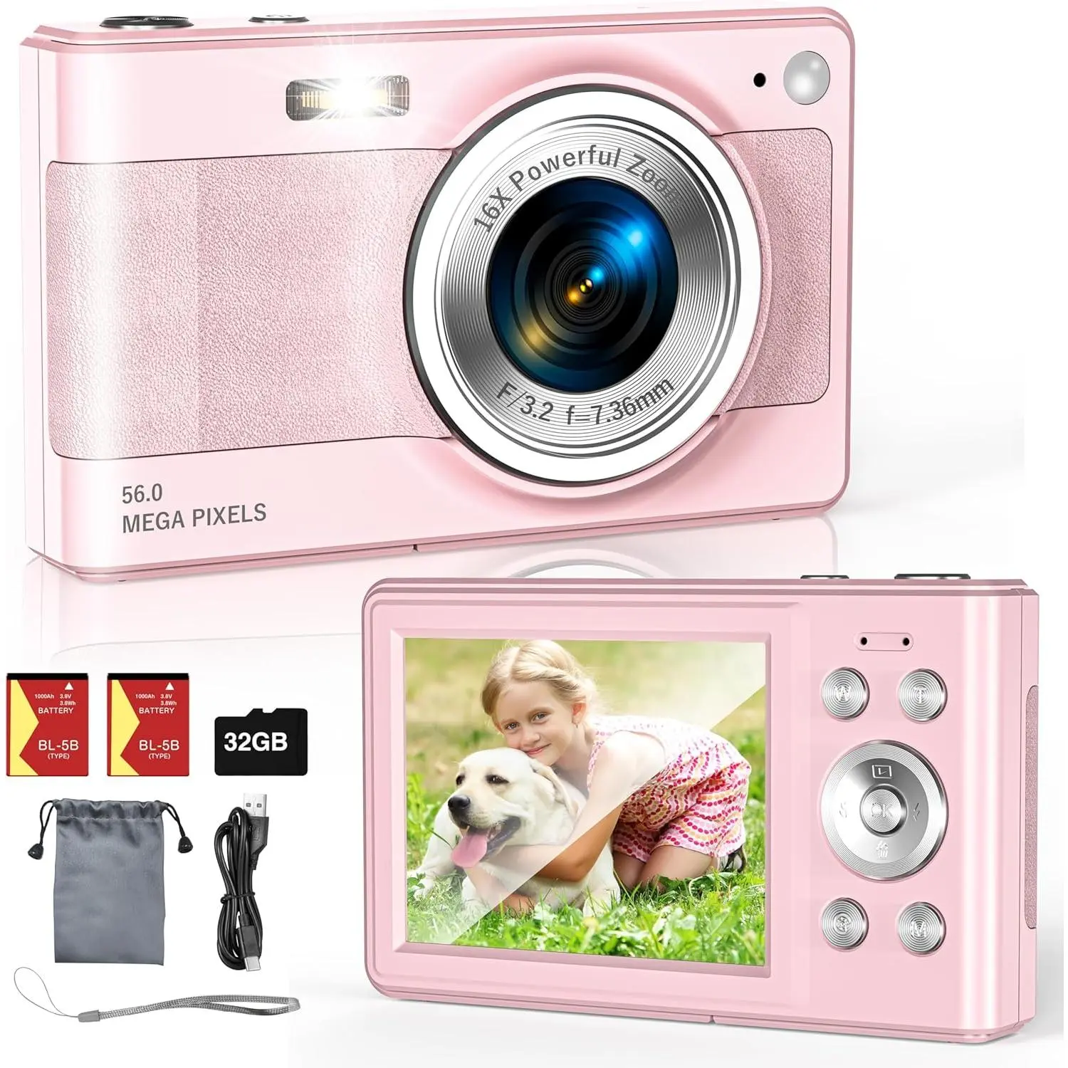 Upgrade Digital Camera, 56MP FHD 1080P Camera for  with 16x Zoom Anti Shake,  Camera with 32GB TF Card, Two , Lanyard, Compact Small Camera for  Boys Girls(Pink)