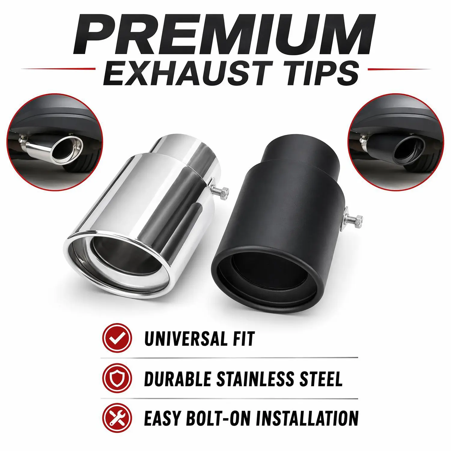 Universal Stainless Steel Car Exhaust Muffler Tip - Clamp-On Straight Tail Pipe Trim Decor, Drill-Free No-Welding Auto Rear Accessory, Silver/Matte Black 2 Color Options