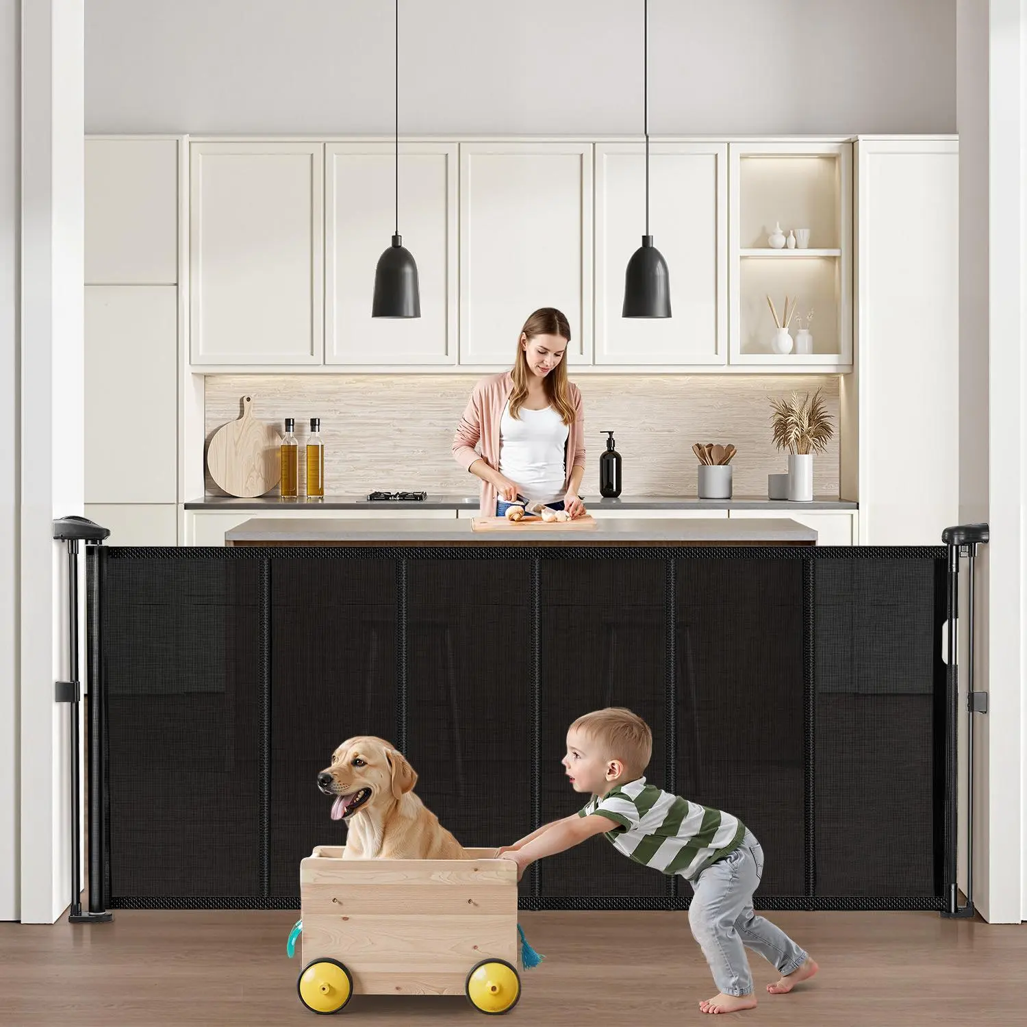 VEVOR Retractable Baby Safety Gate, 34 in Tall, Extends up to 71 in Wide, Mesh Safety Fence for Kids, Easy Installation for Indoor Stairs, Nursery, Black, Safety Fences