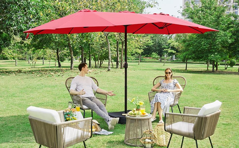 【Crazy Price】Yaheetech 15/13ft Heavy Duty Canopy Double Layer Cloth Patio Umbrella with 12 Ribs Hand Crank for Easy Opening 2 Sandbags Outdoor Design for Garden Pool and Lawn