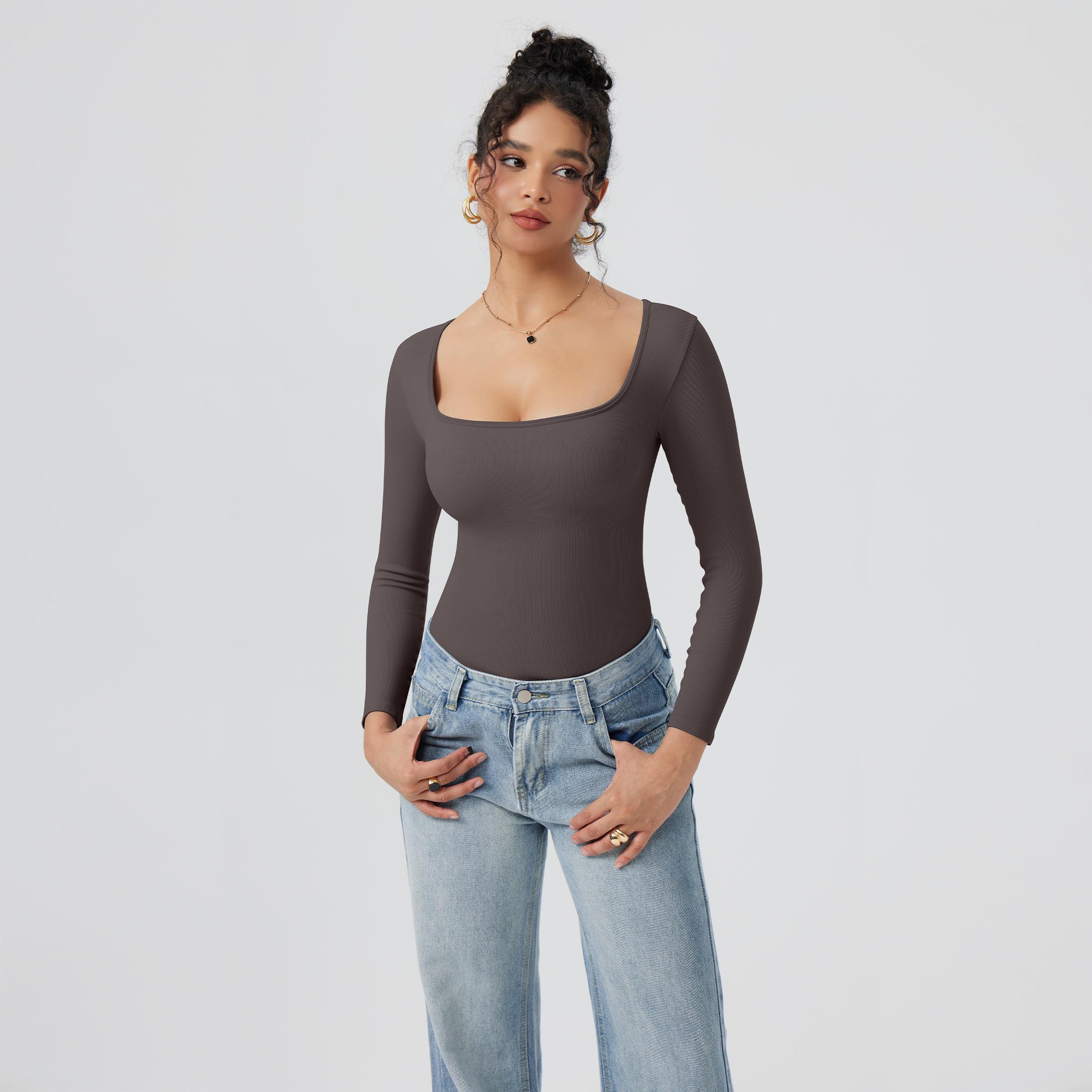 OQQ Womens 2 Piece Bodysuits Long Sleeve Square Neck Stretch Fitted Bodysuits Basic SpringStatements