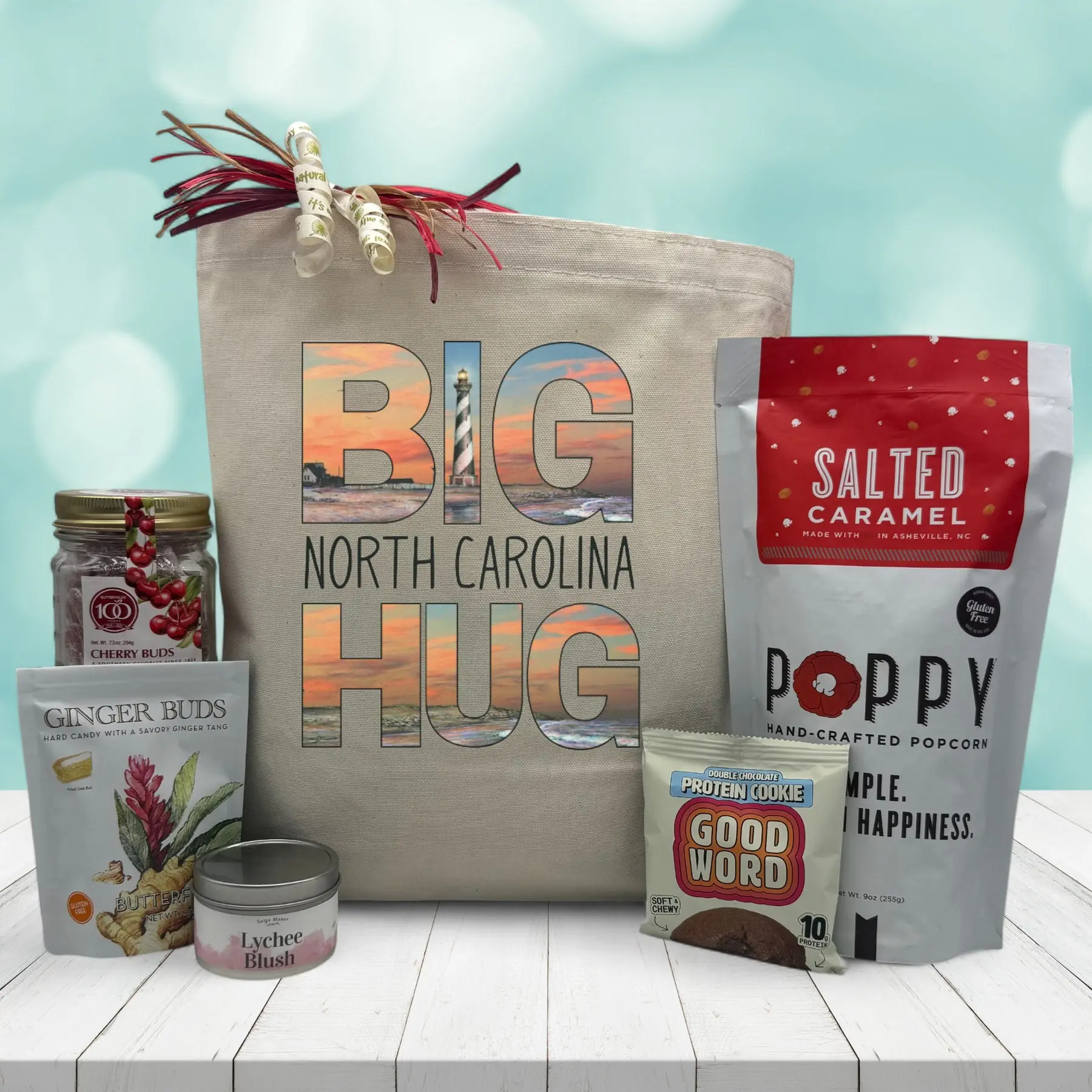 Itsonlynaturalgifts Big North Carolina Hug Gift Basket with Cozy Comforts & Delicious Treats Tote Candy Candle & North Carolina Made Favorites Snack