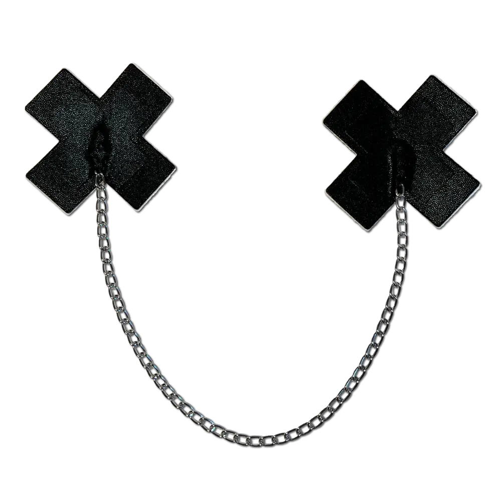 Chains: Liquid Black Plus X Cross with Chunky Silver Chain Nipple Pasties by Pastease