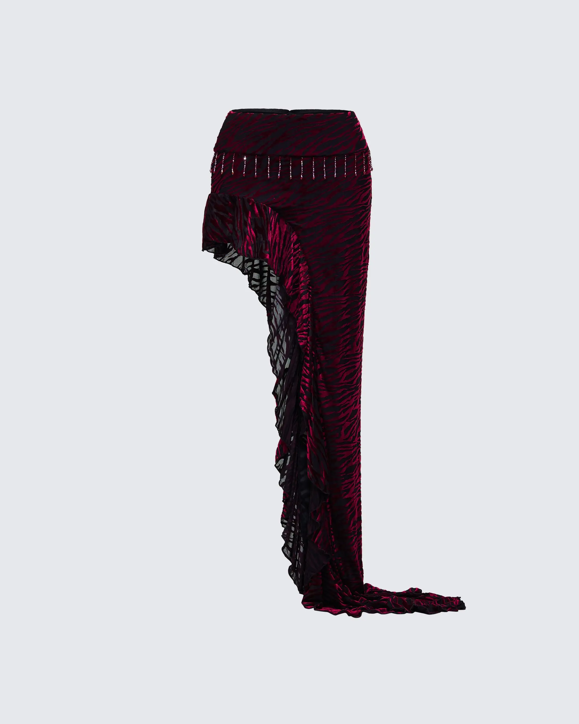 Women's Gothic Asymmetric Kira Red Velvet Burn-Out Crystal-Beaded Maxi Bottom Skirt