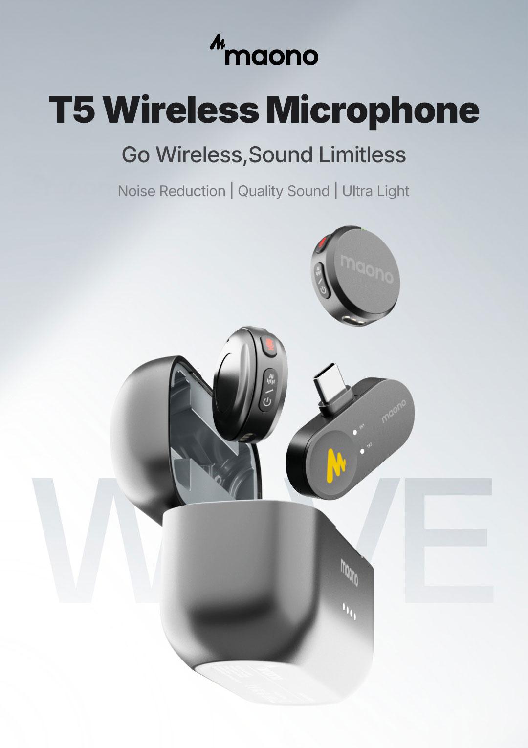 Maono T5 Wireless Lavalier Microphone, Audio Noise Reduction, Compatible with PC Camera, iPhone, Type C Android Smartphone, Ideal For Youtube, Facebook,TikTok Video Vlogging, Streaming, Recording, Interview, Content Creating. Maono T5 Wireless Lavalier Microphone, Audio Noise Reduction, Compatible with PC Camera, iPhone, Type C Android Smartphone, Ideal For Youtube, Facebook,TikTok Video Vlogging, Streaming, Recording, Interview, Content Creating.