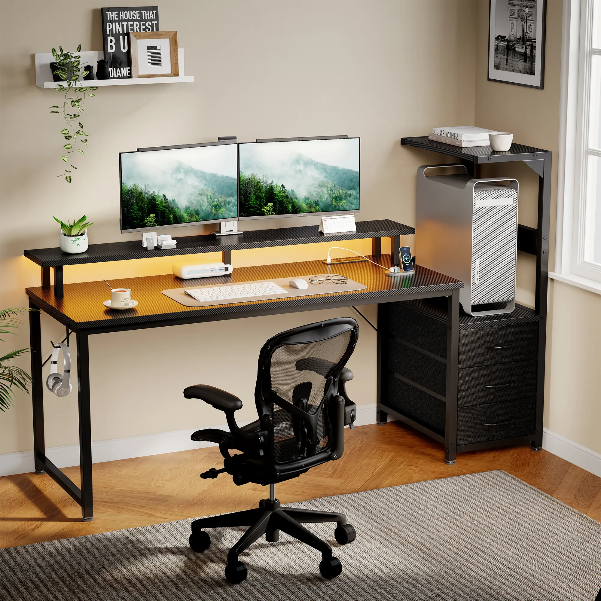 RGB Gaming Desk ，With Panoramic PC Case Display Stand,LED Lighting , 3 Fabric Drawers For Cable Management And Side Collectibles Shelf, Built In 3 Outlets And 2 USB Ports, Heavy Duty Steel Frame