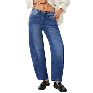 Genleck Barrel Jeans Women Wide Leg Cropped Jeans High Waisted Baggy Boyfriend Mom Denim Ankle Pants with Pockets Basic Fabric