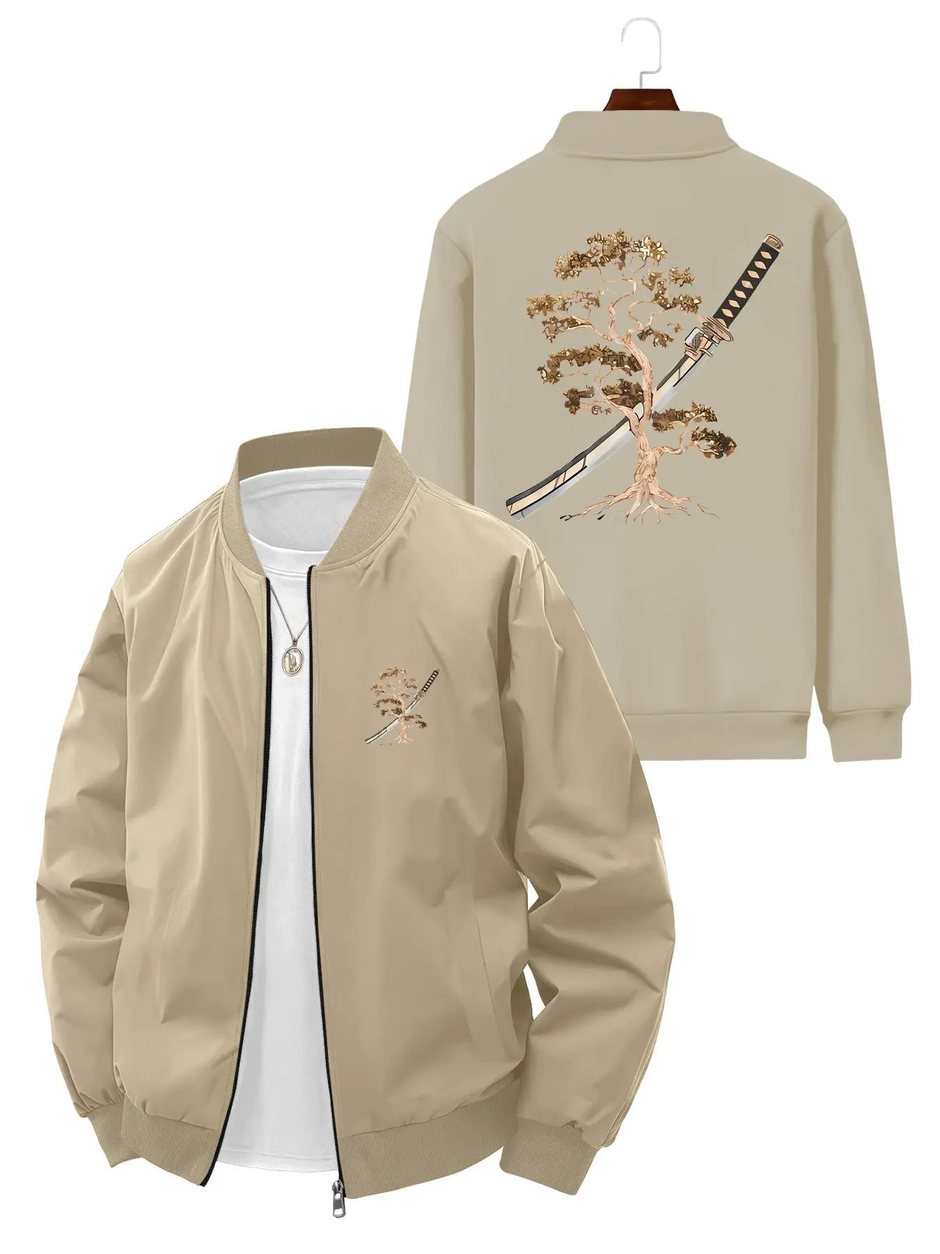 Japanese Style Men's Casual Long Sleeve Bomber Jacket with Pine Tree and Samurai Sword Print on Back and Small Print on Front Casual Jackets Casual Outerwear Coats