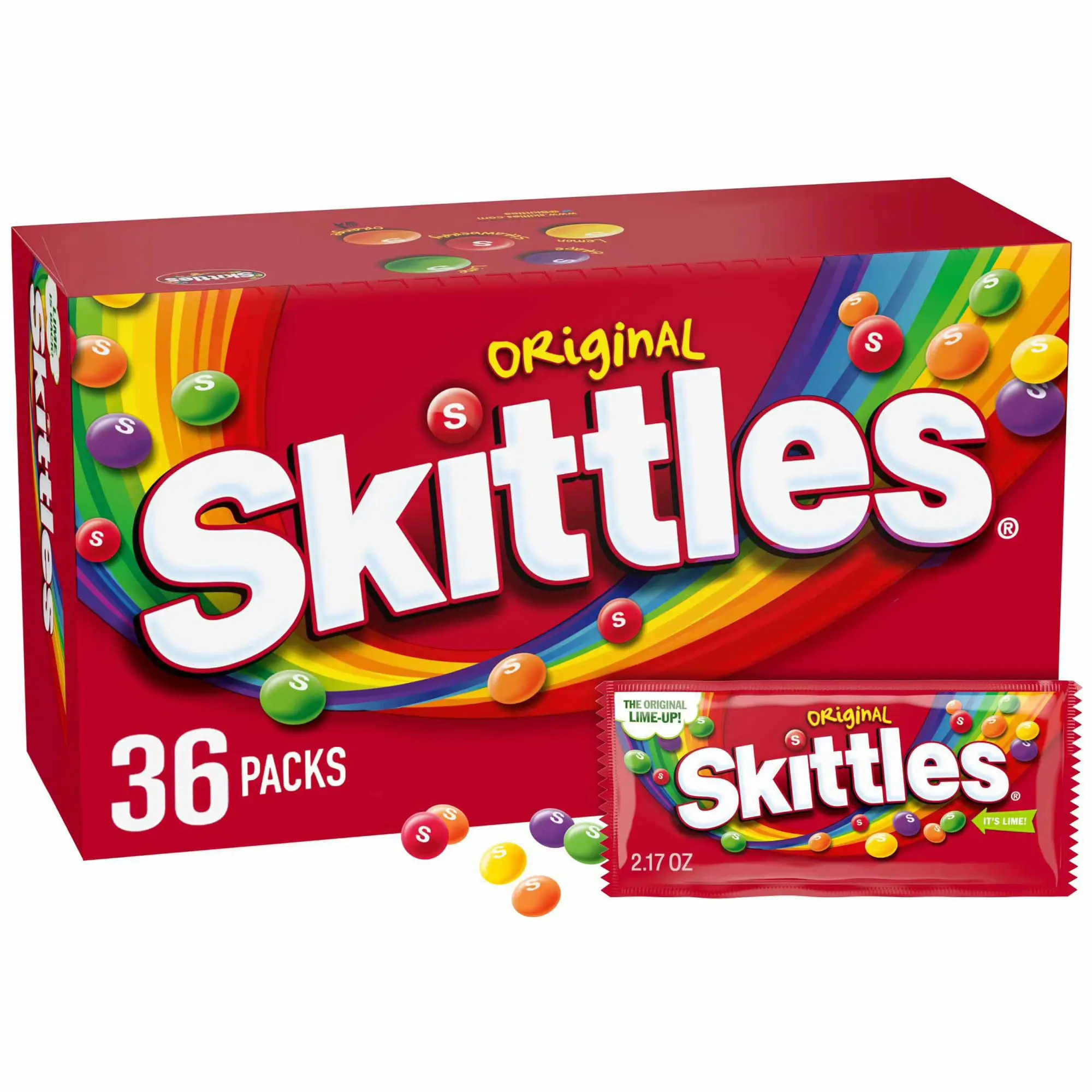 Skittles Original Rainbow Fruity Chewable Sweet Candy, 2.17oz Individual Bags, Full-Size Cupboard Snacks for Adults & Vending Machines (Lemon, Strawberry Flavors), 12-24-36 Multiple Packs, 12-Month Freshness, GMO-Free, Pick And Mix, Candy Buffets