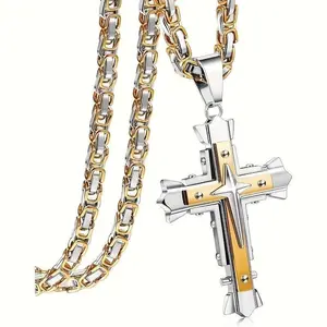 18K Gold Plated 316L Stainless Steel Men's Cross Pendant Necklace with 24-Inch Byzantine Cuban Chain - Hypoallergenic Religious Jewelry, Spiritual Gift for Him, Stylish & Durable Design