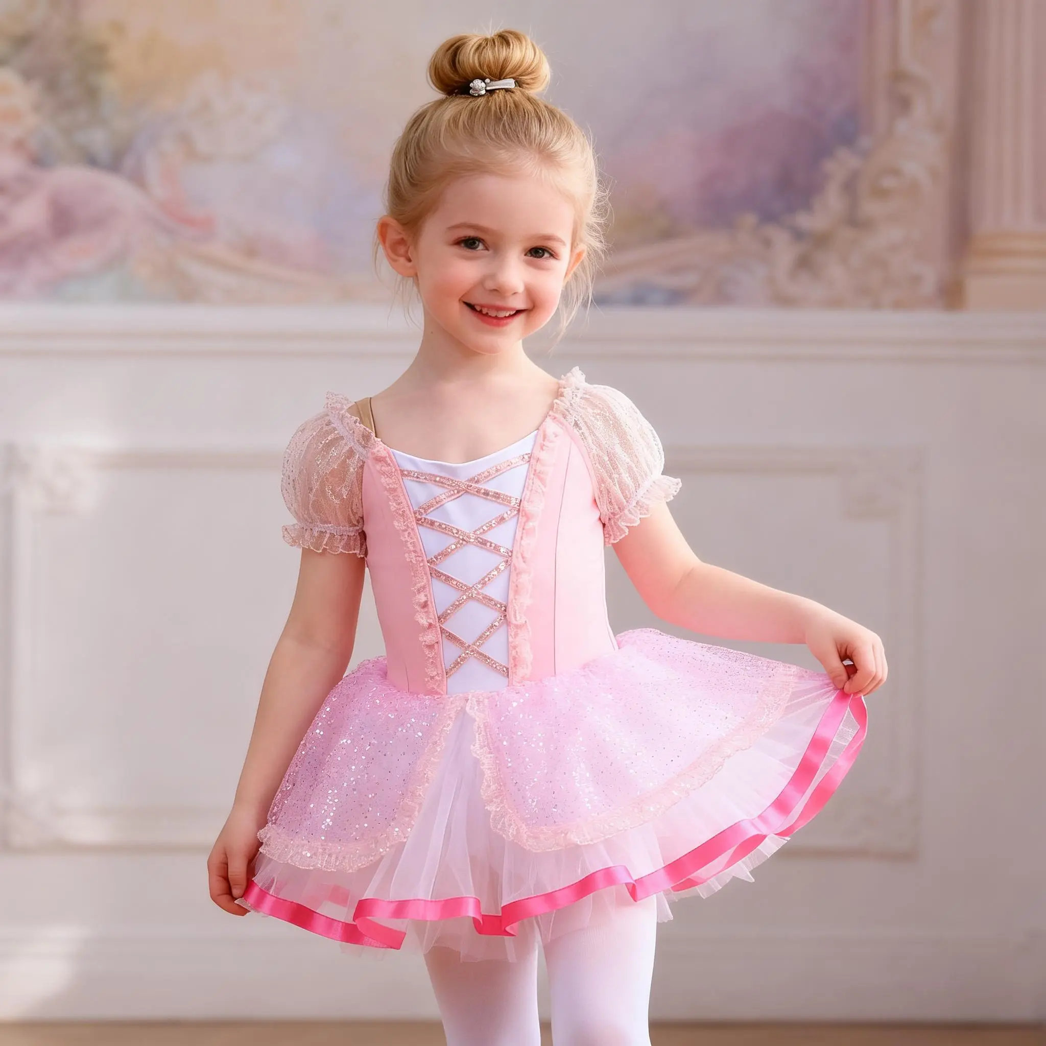 Girls Ballet Leotard Dress with Puff Sleeves Lace-up Front Glitter Tulle Skirt for Dance Class