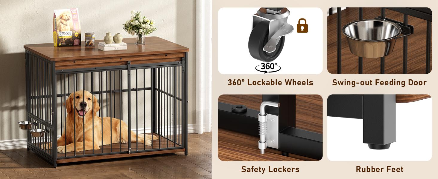 COFIYARD 47/41 inch Wooden Dog House with Sliding Doors & Feeding Windows Multi-functional TV Cabinet Side Table Anti-Chew Design Escape Proof Kennel