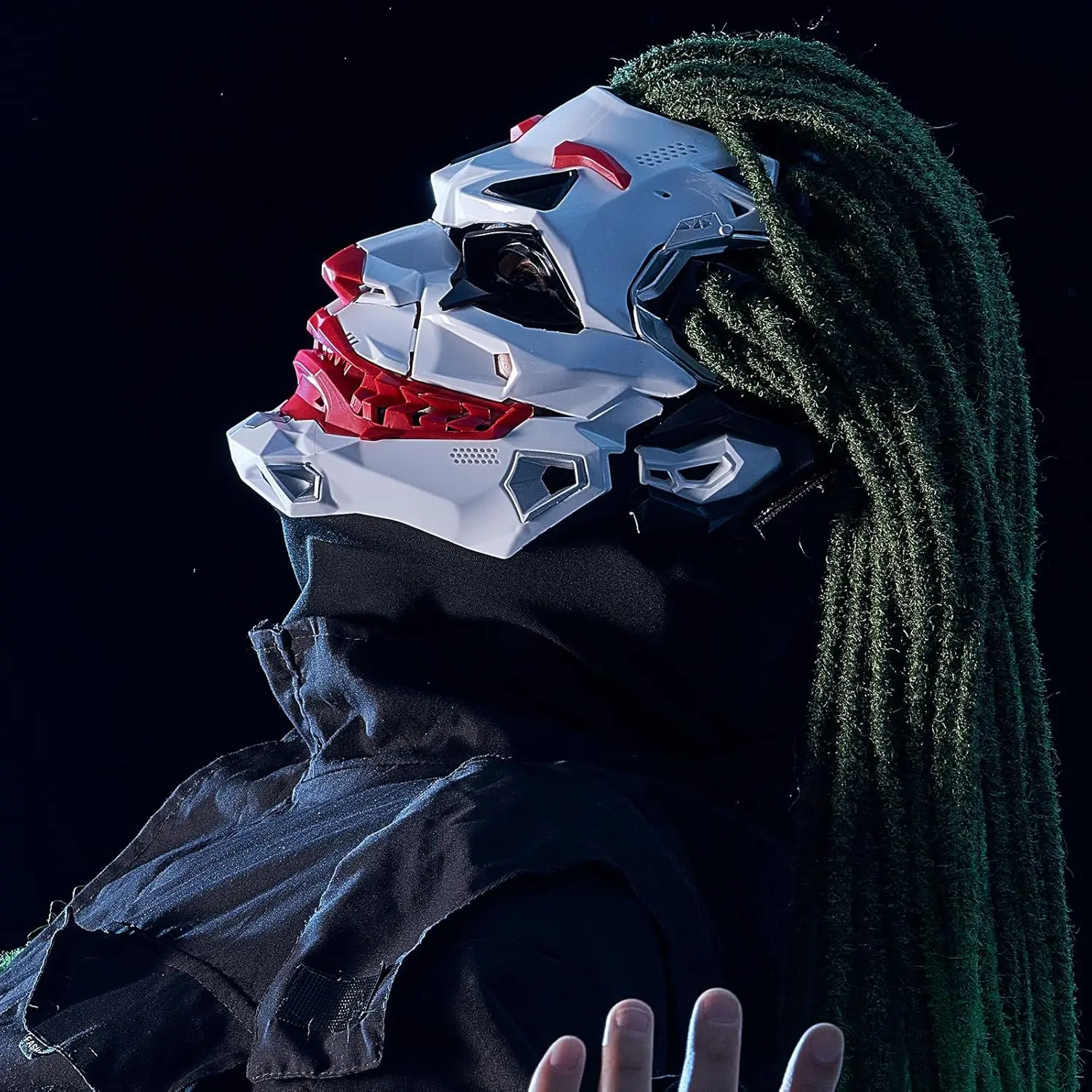 Cyberpunk Clown Full Face Plastic Mask - 24 Inch Braids Green Dreadlocks Wig, Bold Red Accents, Dramatic Facial Contours, Ventilation, Secure Adjustable Strap, Comfortable Mechanical Geometric Hard Cover Halloween Costume Cosplay Gear Party Accessory