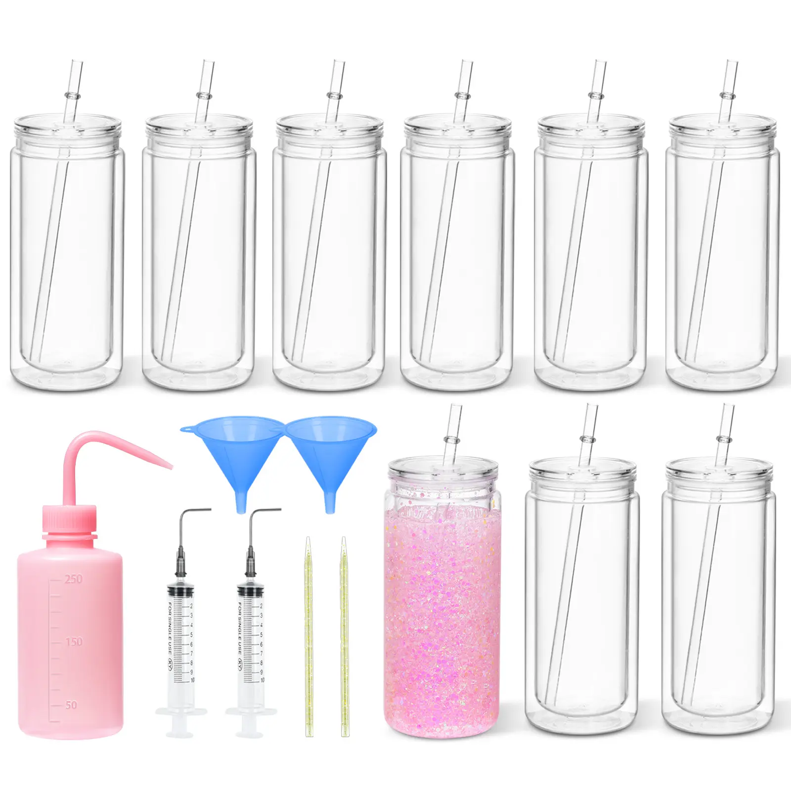 8 Pack 20 Oz Acrylic Snow Globe Tumbler, Double Wall Plastic Cups for Glitter DIY with Clear Lids & Straws, Including DIY Tools Insulated Lid Bottle Drinkware