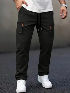 Men’s spring/autumn plus-size outdoor lightweight quick-dry work pants, straight cut: large-capacity faux zipper pockets, elastic waistband drawstring, slanted pocket openings—ideal for hiking, fishing, camping, climbing, sports, fitness, running, and cas
