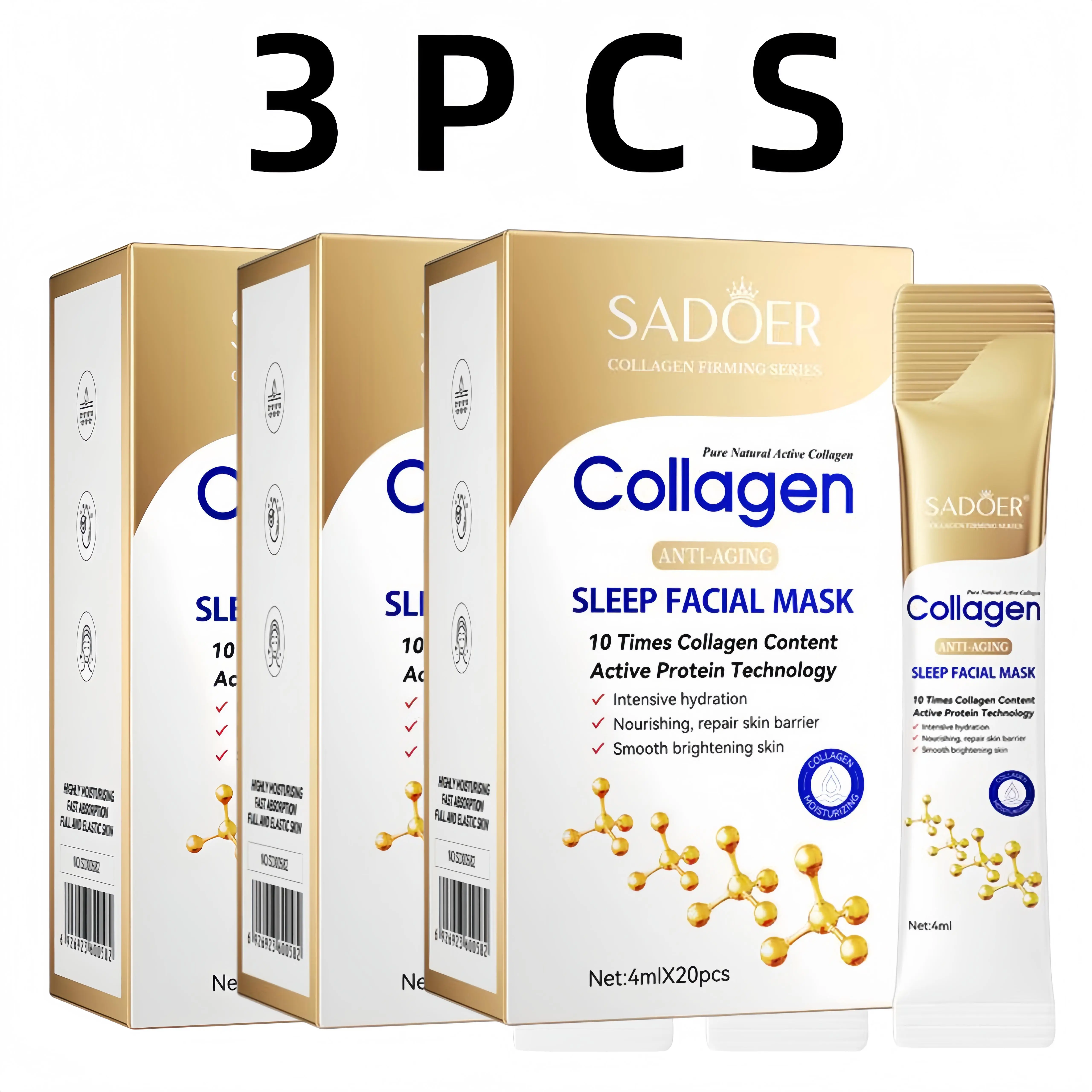 Includes 60 small packets Sadoer Collagen Sleep Mask, Collagen Hydration Mask, 20pcs Night Repair Face Mask, Easy Absorption, Non-Irritating, Unisex, Portable, No Wash Needed
