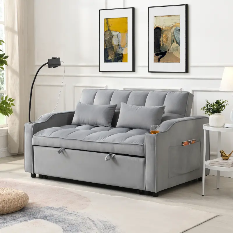 Modern Velvet 3-in-1 Convertible Loveseat Futon Sofa Couch - Adjustable Reclining Backrest, Pullout Bed, Toss Pillows, Pockets, Small Lounge | Adjustable Folding, Convertible Chair-Bed, Dual Functional Sofas & Couches, Adjustable Folding Sofas & Couches