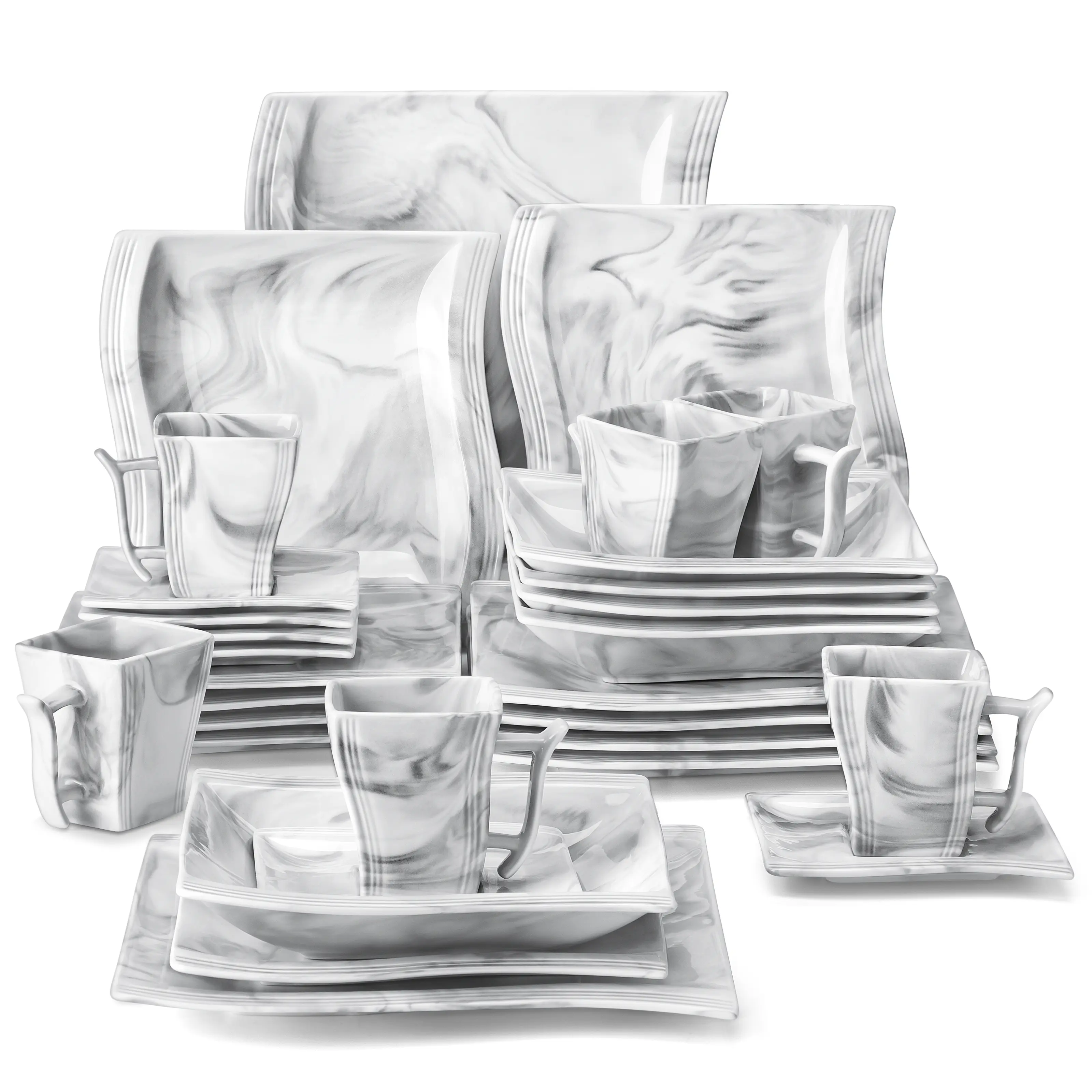 MALACASA Plates and Bowls Sets, Porcelain Dinnerware Sets for 6, Square Dinnerware Set with Dinner Plate, Dessert Plate, Soup Plate, Modern Dish Set, Series Flora Kitchenware Home