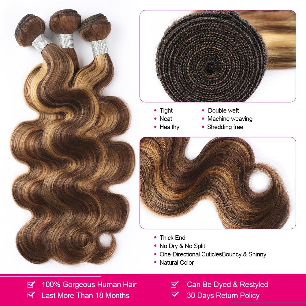 P4/27 Body Wave Bundles Human Hair Ombre Brown Highlight Human Hair Bundles for Sew In Colored Quick Weave HairStyles SpringStatements
