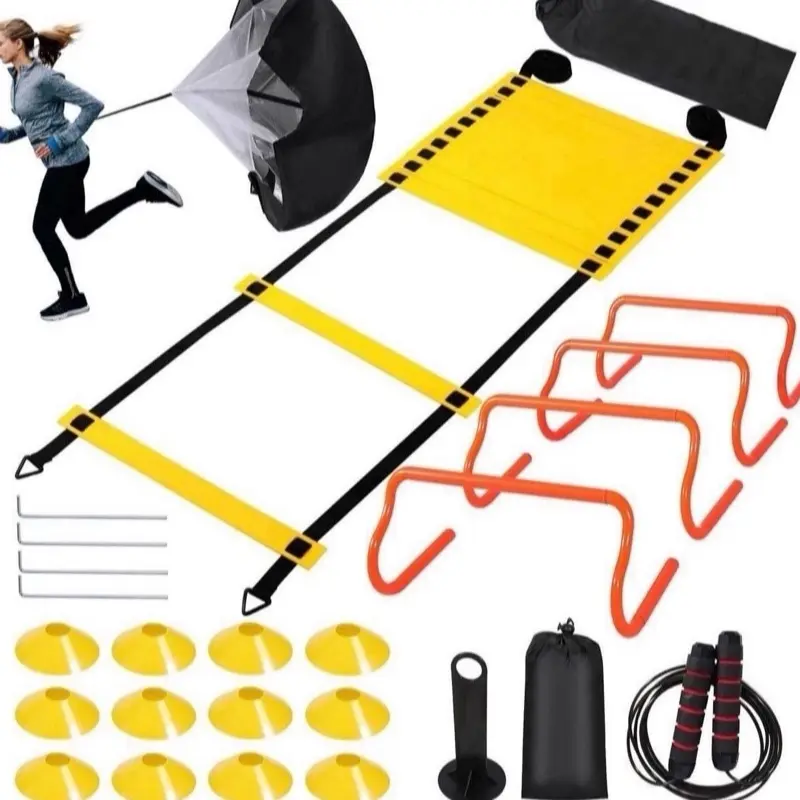 Speed and Agility Training Set - Complete Portable Kit for Kids & Adults with 20ft Adjustable Ladder, 12 Cones, 4 Hurdles, Parachute & Jump Rope - Multi-Sport Equipment for Football Drills & Endurance Training