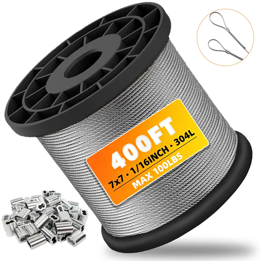 1/16" 304 Stainless Steel Wire Rope Kit - 400FT/200FT/100FT  Aircraft Cable 7x7 Vinyl Coated with Crimping Sleeves, 480 lbs Breaking Strength, 100 lbs Safe Working Load| Perfect for String Lights, Garden, Clothesline DIY