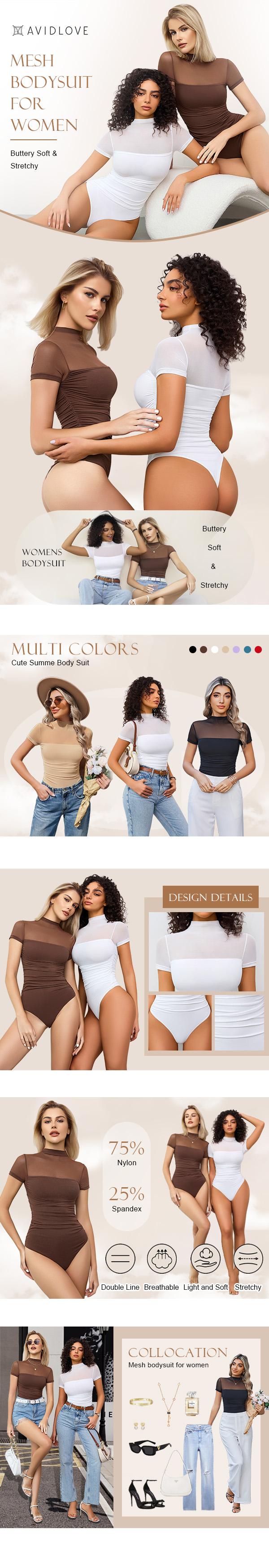 Avidlove Women's Black Short Sleeve Bodysuit Turtle Neck Mesh Ruched One Piece Leotard Summer Outfit Basic Elegant Corset Style Soft Sheer Slim Fit Tops - Matching Minimalist Minimalist Shortsleeve SpringStatements