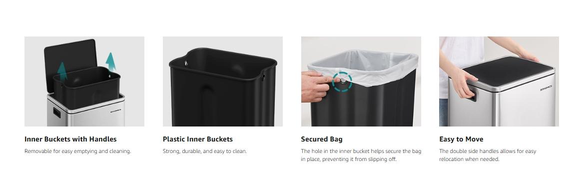 SONGMICS Trash Can, 13-Gallon Gabbage Can, with 15 Trash Bags, Stainless Steel, with Soft-Close Lid, Removable Inner Bucket, Handles