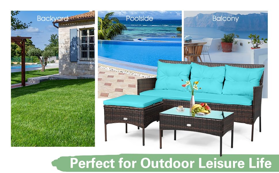 COSTWAY 3 Pieces Patio Conversation Set, Outdoor PE Rattan Wicker Furniture Set W/Cozy Cushions, All Weather Sectional Sofa Set W/Tempered Glass Coffee Table & Ottoman for Poolside, Backyard, Garden COSTWAY 3 Pieces Patio Conversation Set, Outdoor PE Rattan Wicker Furniture Set W/Cozy Cushions, All Weather Sectional Sofa Set W/Tempered Glass Coffee Table & Ottoman for Poolside, Backyard, Garden