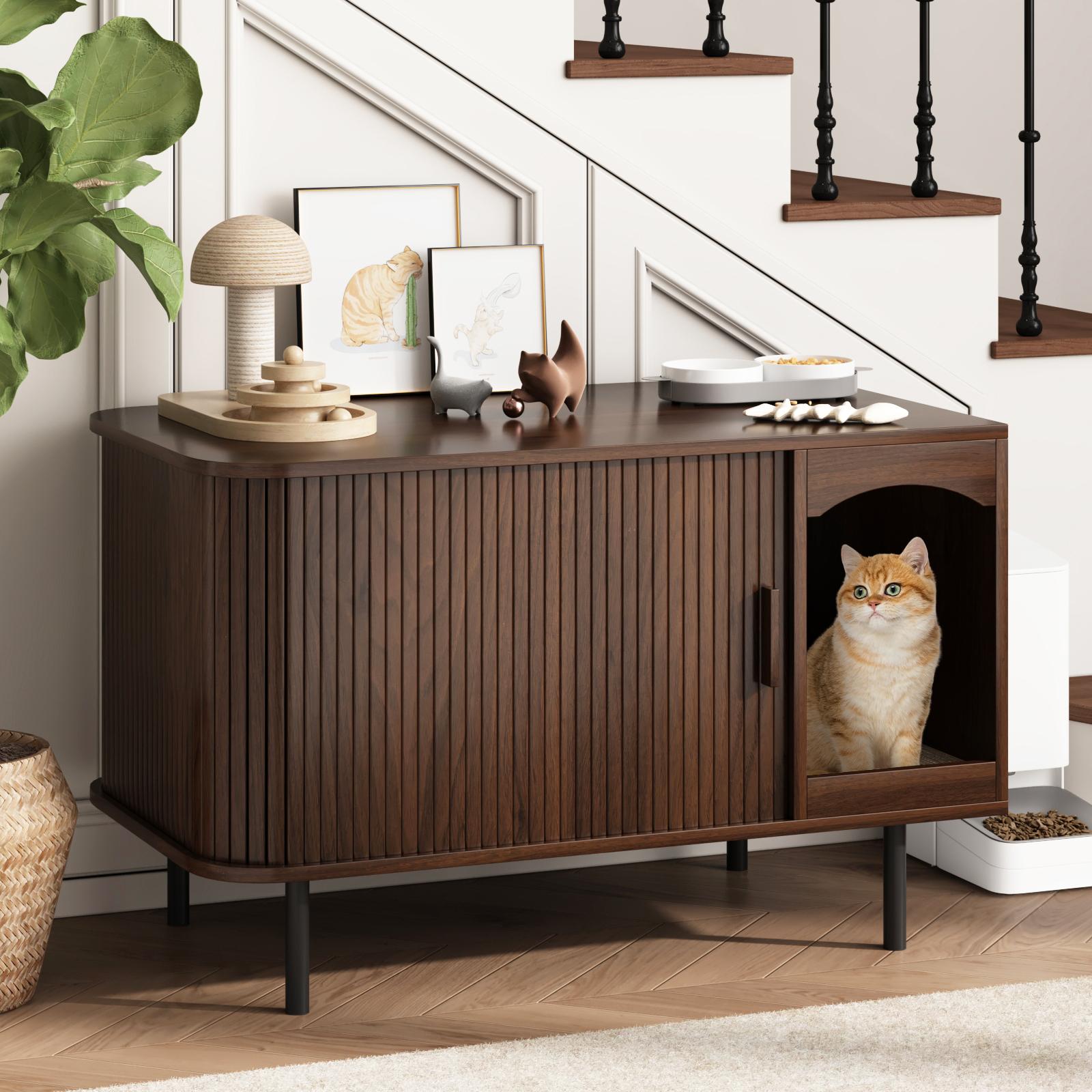 Fluted Hidden Cat Litter Box Enclosure – Modern Wood Furniture with Scratching Pad, Large Indoor Cat House Cabinet Side/End Table for Living Room & Entryway Fluted Hidden Cat Litter Box Enclosure – Modern Wood Furniture with Scratching Pad, Large Indoor Cat House Cabinet Side/End Table for Living Room & Entryway