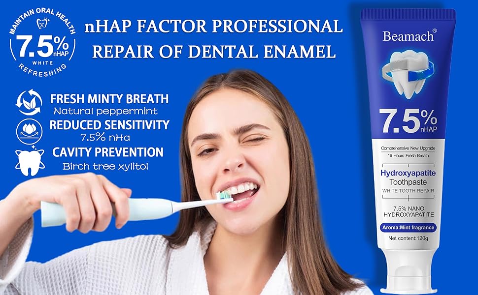 Beamach Hydroxyapatite Toothpaste 7.5% for Enamel Repair & Teeth Whitening Refreshing Flavor Fluoride-Free 4.23oz Gentle Formula for Sensitive Teeth Care Beamach Hydroxyapatite Toothpaste 7.5% for Enamel Repair & Teeth Whitening Refreshing Flavor Fluoride-Free 4.23oz Gentle Formula for Sensitive Teeth Care