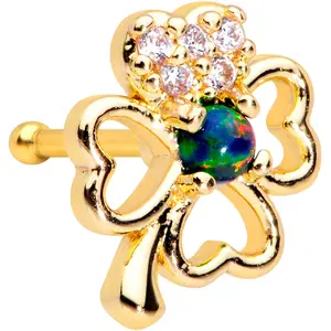 20G 1/4 Green Synthetic Opal Gold Tone Shamrock St Pats Nose Bone
