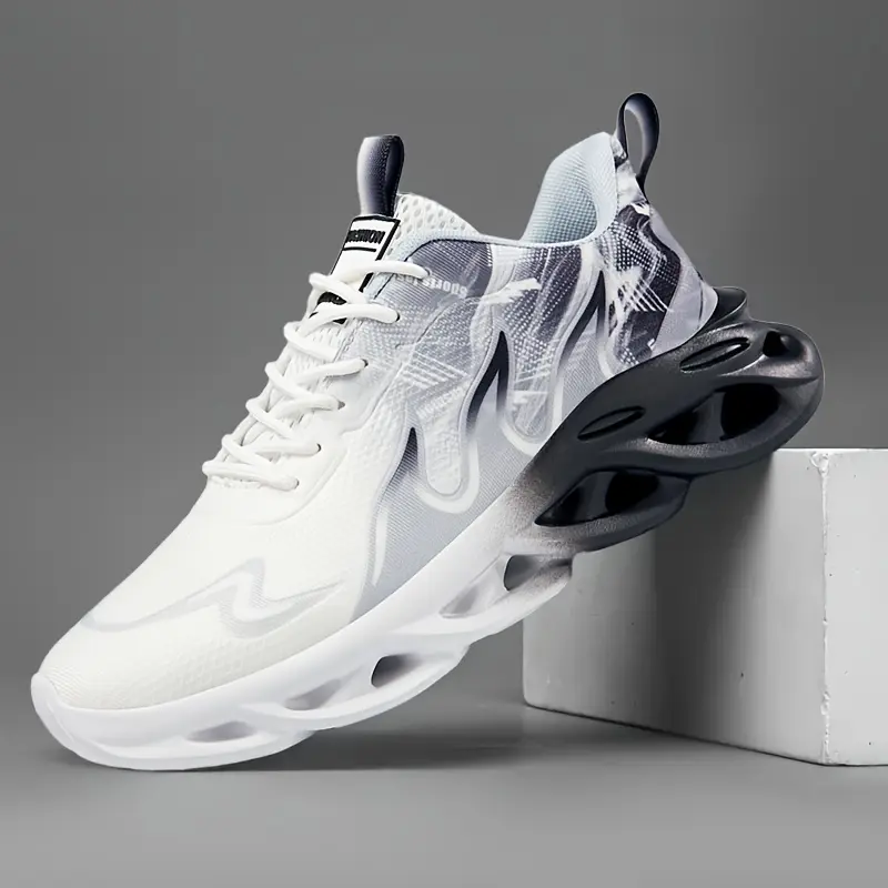 Men's Low-Top Casual Trainers - Breathable Fabric Upper, Elastic Slip-Resistant Sole, Black & White Gradient Geometric Design, Spring/Summer Streetwear Shoes for Casual, Training, Running, Running Shoes, Men's Shoes