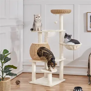 Costoffs 54" Tall Rattan Cat Tree with Sisal Scratching Posts, Cozy Nest & Soft Cushion – Luxury Cat Condo with Hanging Ball, Basket, and Bowl for Small to Medium Indoor Cats