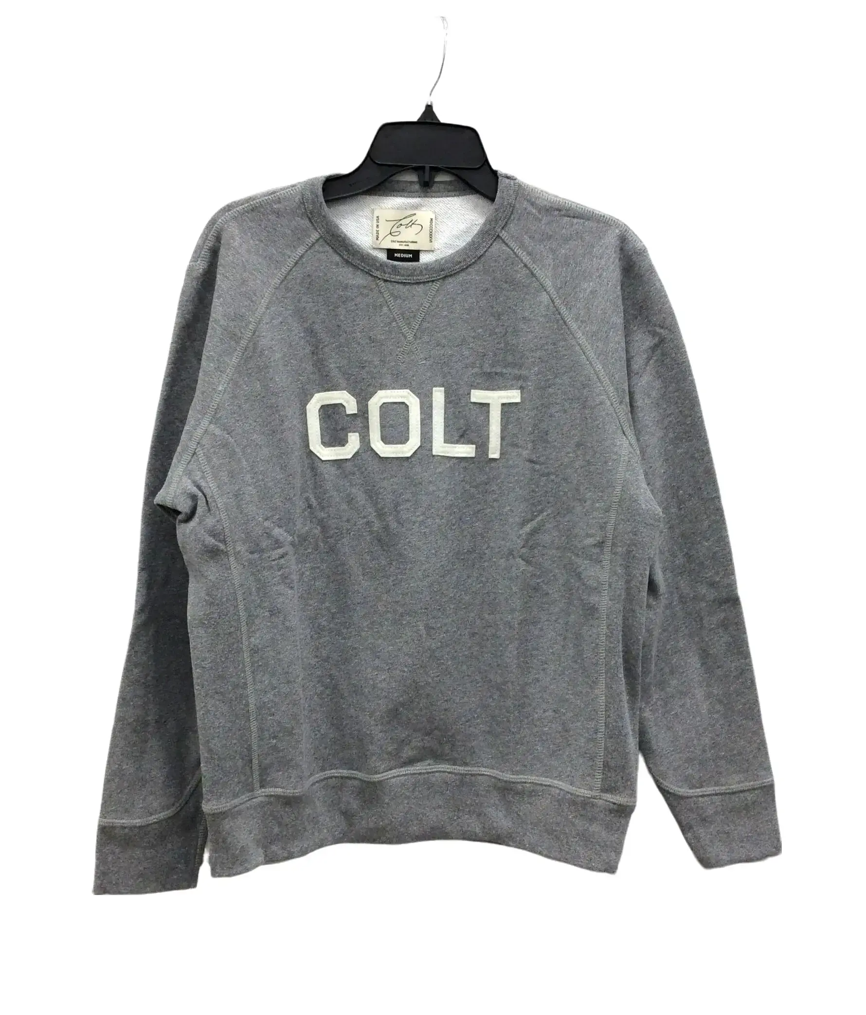 Colt Manufacturing Pullover Crewneck Unisex Heather Gray 100% Cotton Casual Long Sleeve Sweatshirt with Front Logo Made in USA
